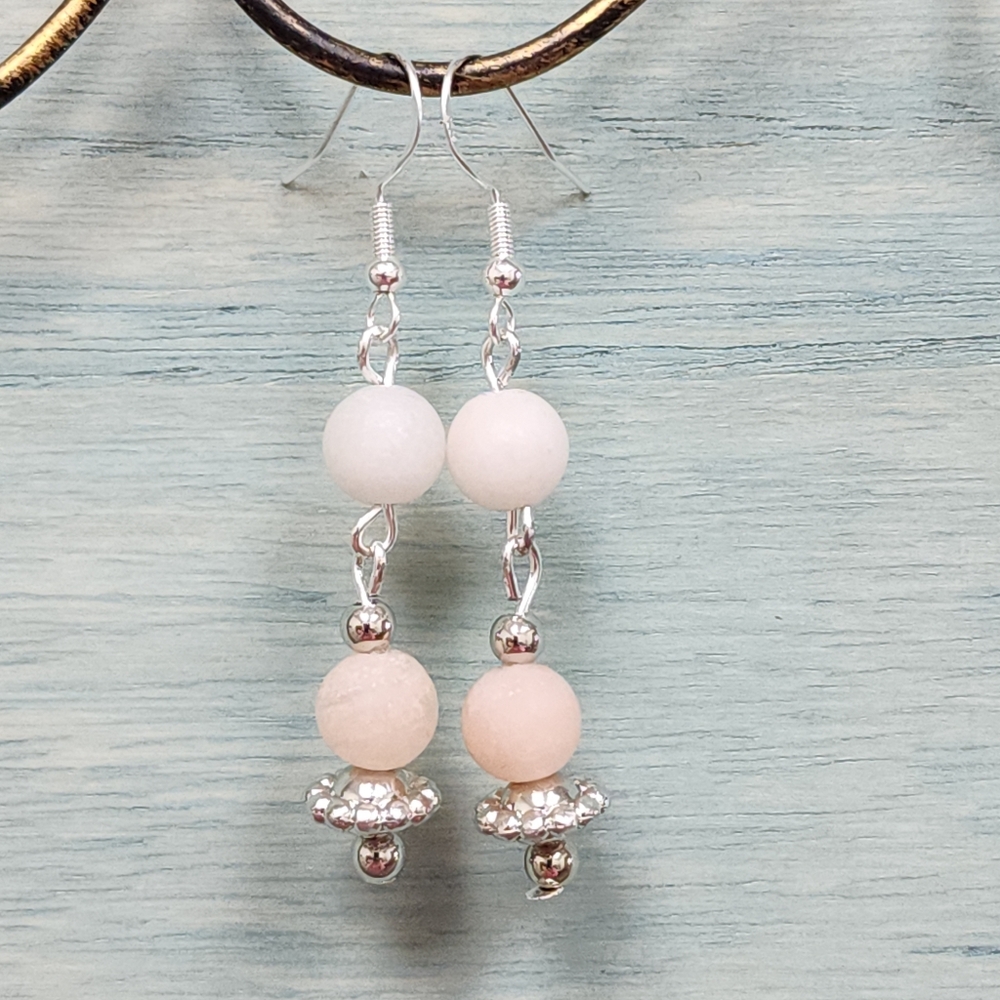 14. Dangle Earrings With Peach Colored Stone Beads And Silver Accents